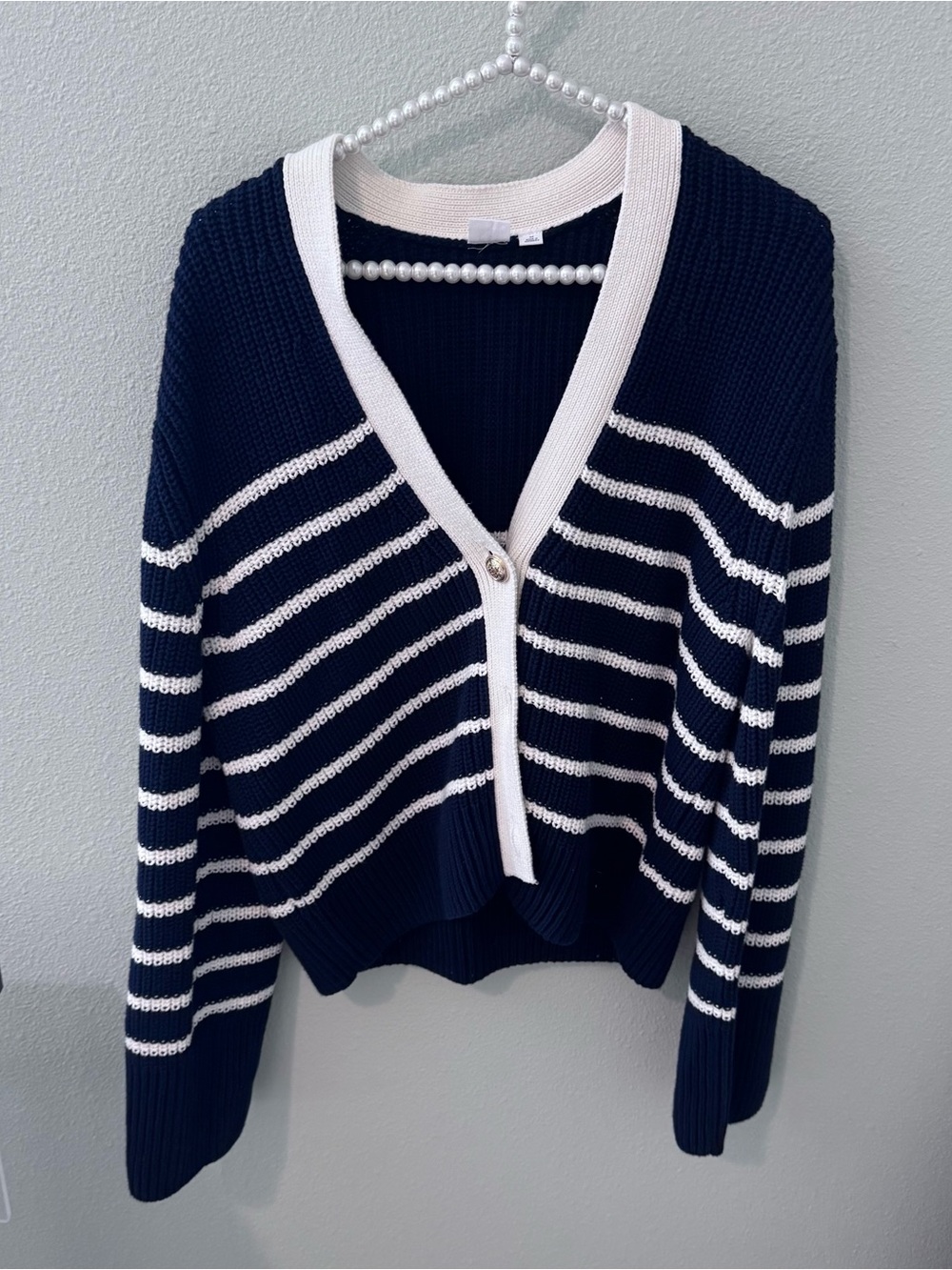 GAP Navy and White Striped V-Neck Cardigan